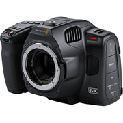 Blackmagic Design Pocket Cinema Camera 6K Pro (Canon EF) with Super35 HDR sensor, Gen 5 colour science, bright 1500 cd/m² tilting HDR LCD, built-in motorized ND filters (2,4,6 stops), Canon EF mount with active lens control, dual mini-XLR inputs, NP-F570 L-series battery, and Blackmagic RAW recording support.