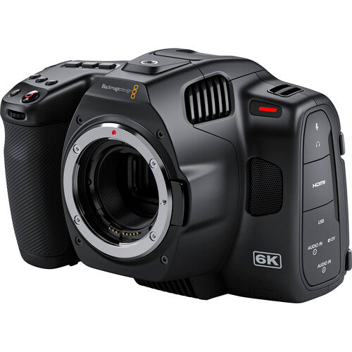 Blackmagic Design Pocket Cinema Camera 6K Pro (Canon EF) with Super35 HDR sensor, Gen 5 colour science, bright 1500 cd/m² tilting HDR LCD, built-in motorized ND filters (2,4,6 stops), Canon EF mount with active lens control, dual mini-XLR inputs, NP-F570 L-series battery, and Blackmagic RAW recording support.