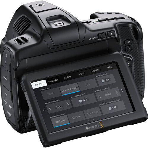 Blackmagic Design Pocket Cinema Camera 6K Pro (Canon EF) with Super35 HDR sensor, Gen 5 colour science, bright 1500 cd/m² tilting HDR LCD, built-in motorized ND filters (2,4,6 stops), Canon EF mount with active lens control, dual mini-XLR inputs, NP-F570 L-series battery, and Blackmagic RAW recording support.