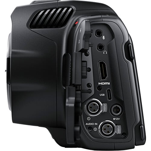 Blackmagic Design Pocket Cinema Camera 6K Pro (Canon EF) with Super35 HDR sensor, Gen 5 colour science, bright 1500 cd/m² tilting HDR LCD, built-in motorized ND filters (2,4,6 stops), Canon EF mount with active lens control, dual mini-XLR inputs, NP-F570 L-series battery, and Blackmagic RAW recording support.
