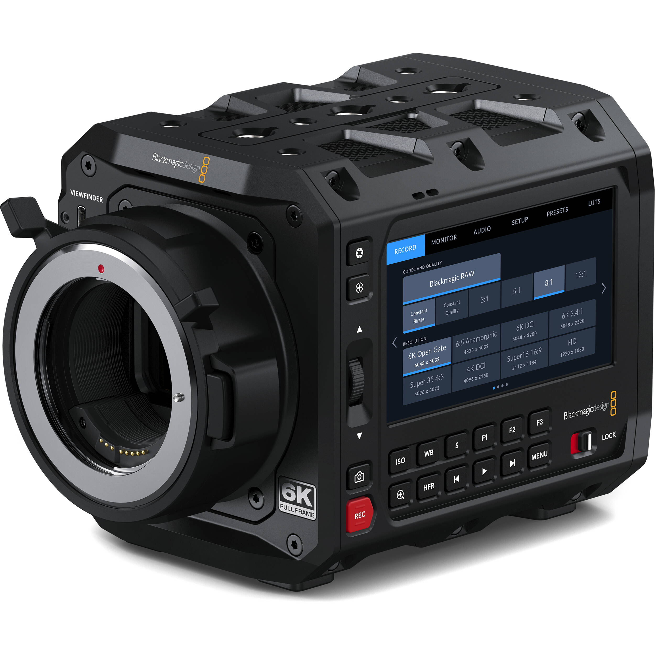 Blackmagic Design PYXIS Cinema Camera 6K (Canon EF) with full-frame 6K sensor, Canon EF lens mount, 13 stops dynamic range, dual native ISO, 4" HDR touchscreen, dual CFexpress slots, and built-in streaming capabilities.