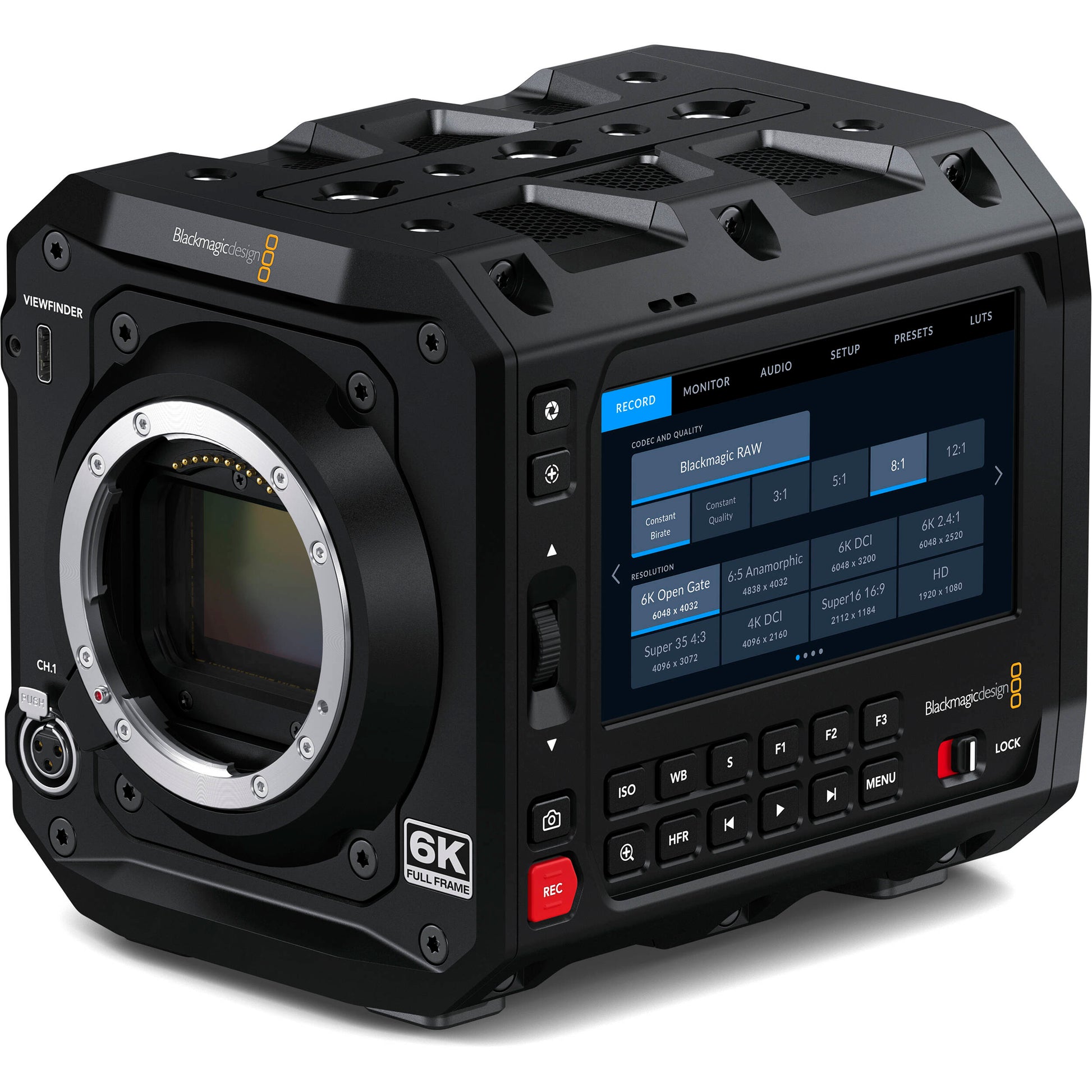 Blackmagic Design PYXIS Cinema Camera 6K (Canon EF) with full-frame 6K sensor, Canon EF lens mount, 13 stops dynamic range, dual native ISO, 4" HDR touchscreen, dual CFexpress slots, and built-in streaming capabilities.