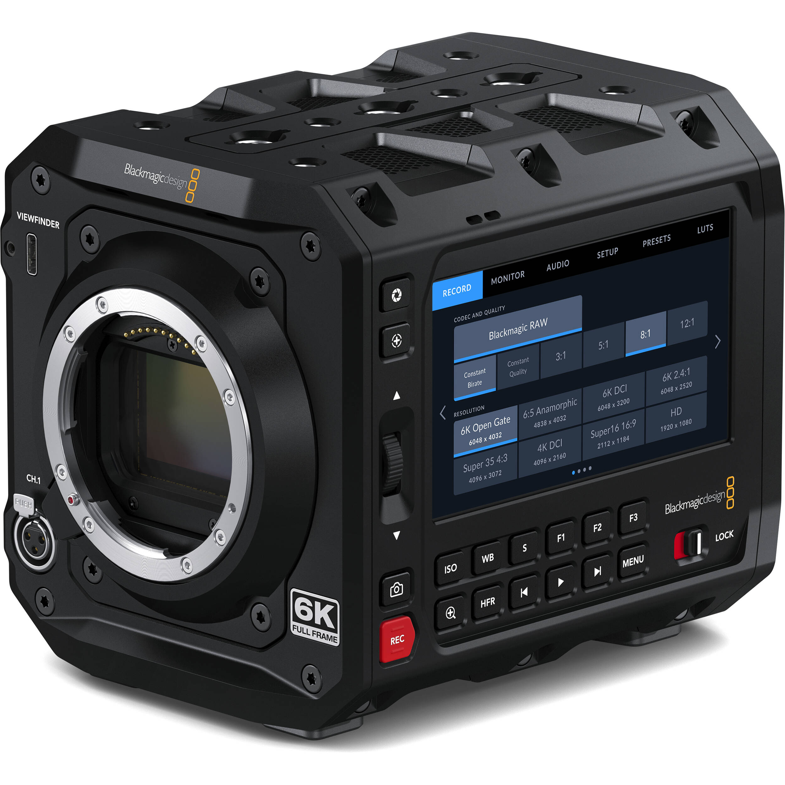 Blackmagic Design PYXIS Cinema Camera 6K (Canon EF) with full-frame 6K sensor, Canon EF lens mount, 13 stops dynamic range, dual native ISO, 4" HDR touchscreen, dual CFexpress slots, and built-in streaming capabilities.