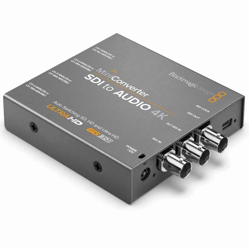 Blackmagic SDI to Audio 4K Mini Converter enables you to de-embed analogue audio or AES/EBU digital audio from an SDI video signal.