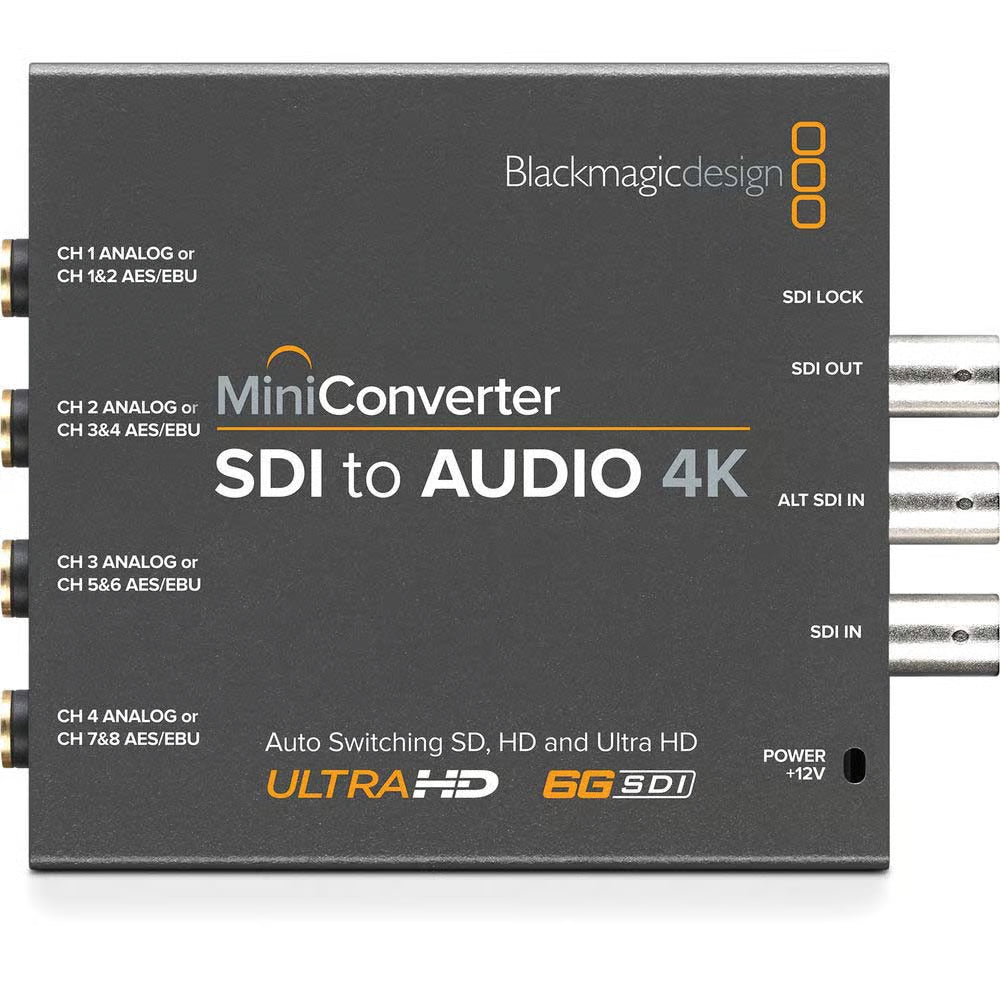 Blackmagic SDI to Audio 4K Mini Converter enables you to de-embed analogue audio or AES/EBU digital audio from an SDI video signal.