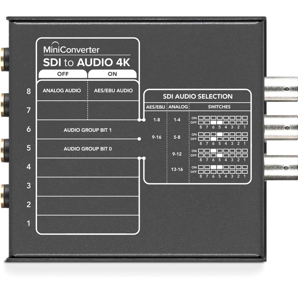 Blackmagic SDI to Audio 4K Mini Converter enables you to de-embed analogue audio or AES/EBU digital audio from an SDI video signal.