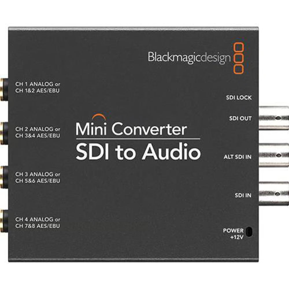 The Blackmagic SDI to Audio Mini Converter de-embeds up to four channels of balanced analogue or eight channels of AES/EBU audio from an SDI video connection.