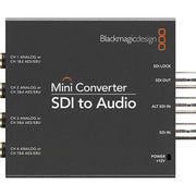 The Blackmagic SDI to Audio Mini Converter de-embeds up to four channels of balanced analogue or eight channels of AES/EBU audio from an SDI video connection.