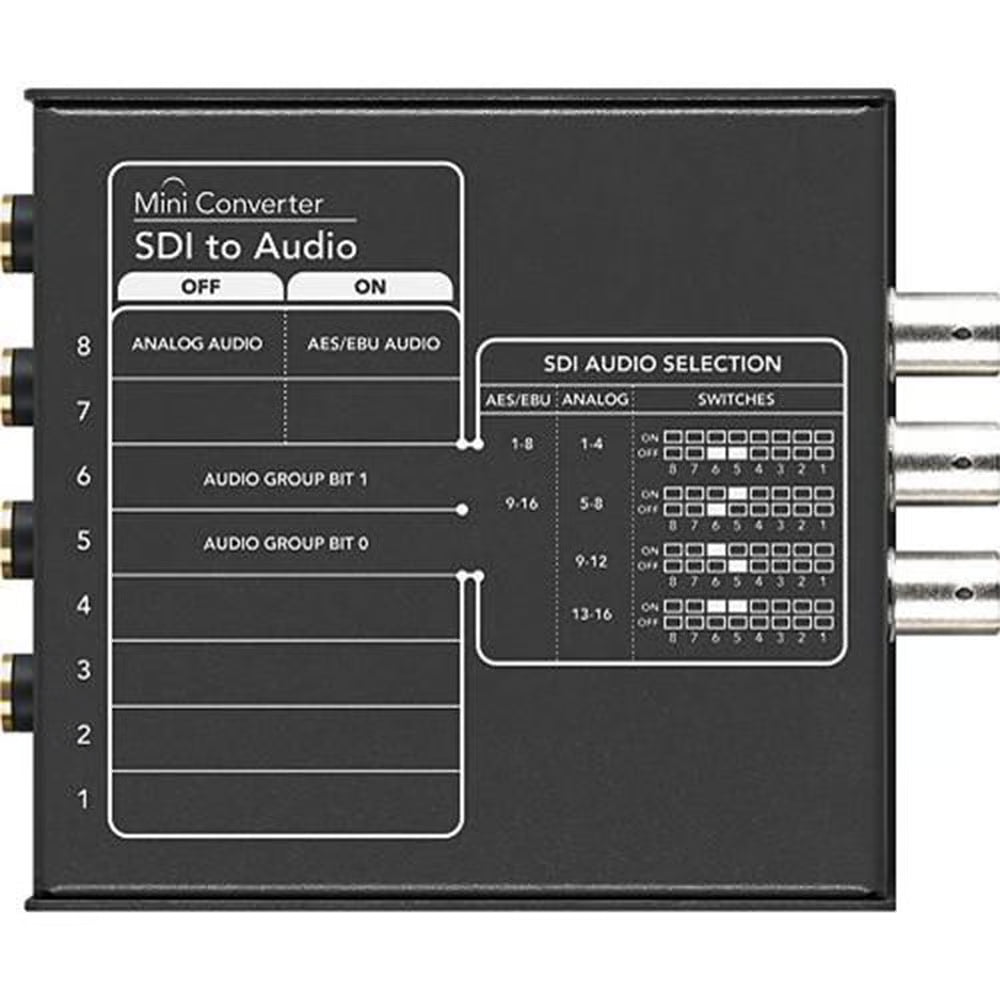 The Blackmagic SDI to Audio Mini Converter de-embeds up to four channels of balanced analogue or eight channels of AES/EBU audio from an SDI video connection.