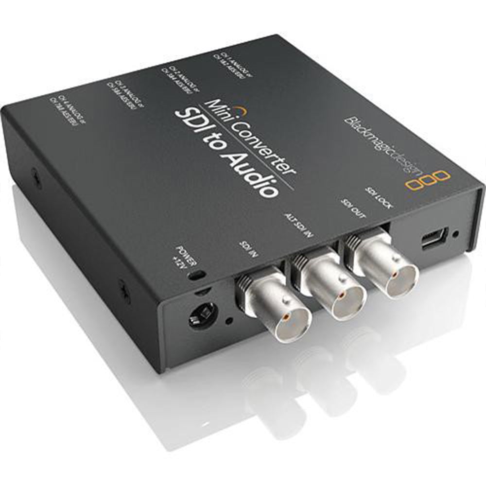 The Blackmagic SDI to Audio Mini Converter de-embeds up to four channels of balanced analogue or eight channels of AES/EBU audio from an SDI video connection.