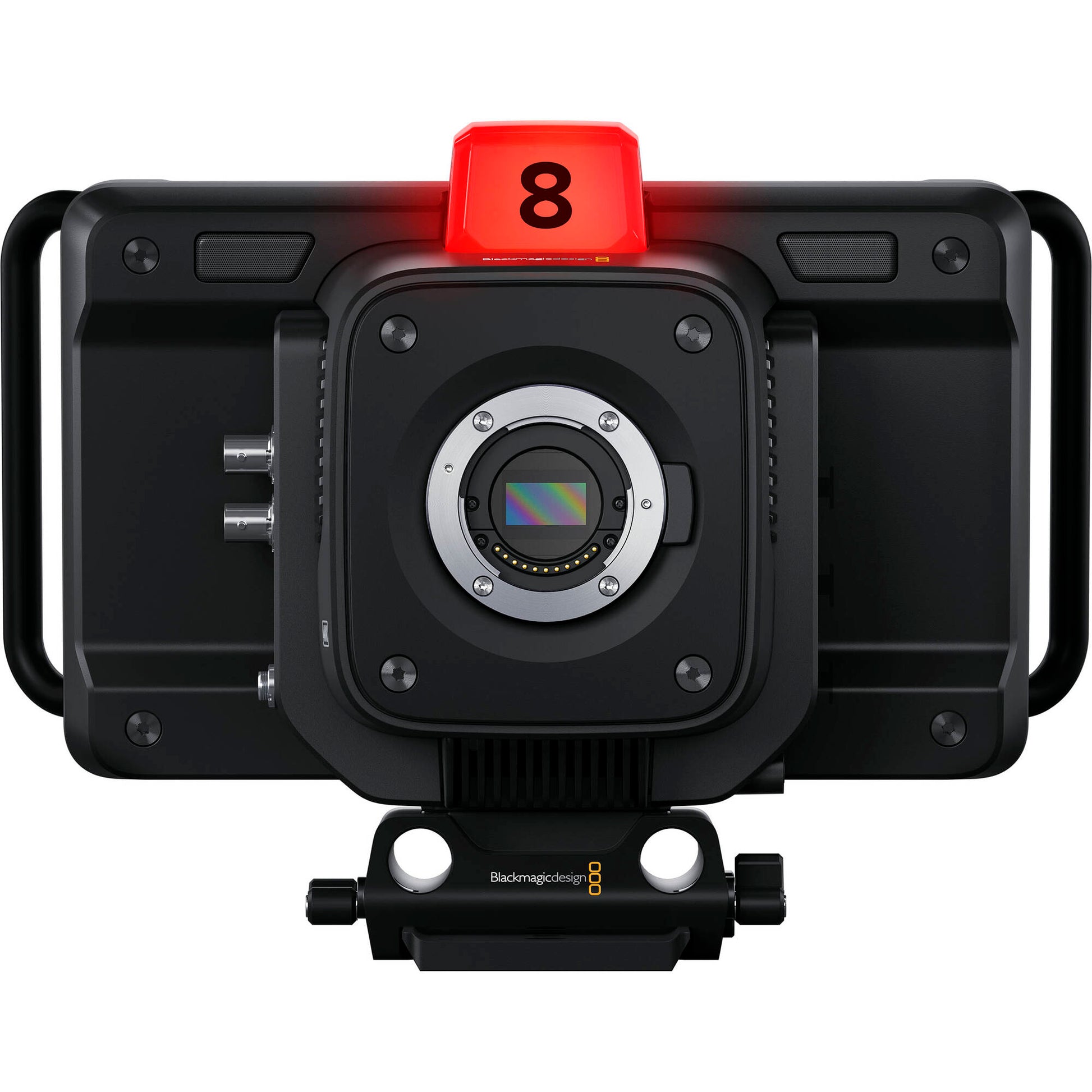 Blackmagic Design Studio Camera 4K Plus G2 with MFT lens mount, 4K UHD 3840x2160 sensor, 25,600 ISO, 12G-SDI and HDMI outputs, 7" LCD viewfinder with sunshade, Blackmagic RAW recording, and built-in DaVinci Resolve colour correction.