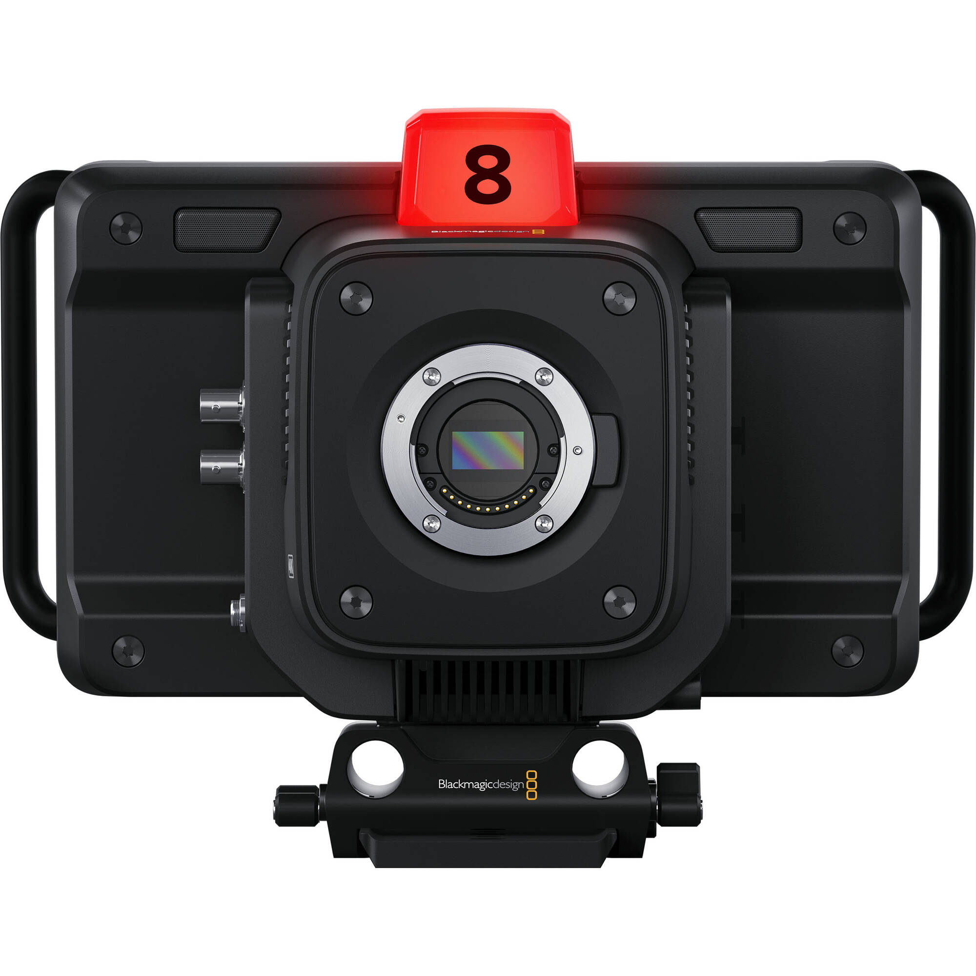 Blackmagic Design Studio Camera 4K Plus G2 with MFT lens mount, 4K UHD 3840x2160 sensor, 25,600 ISO, 12G-SDI and HDMI outputs, 7" LCD viewfinder with sunshade, Blackmagic RAW recording, and built-in DaVinci Resolve colour correction.