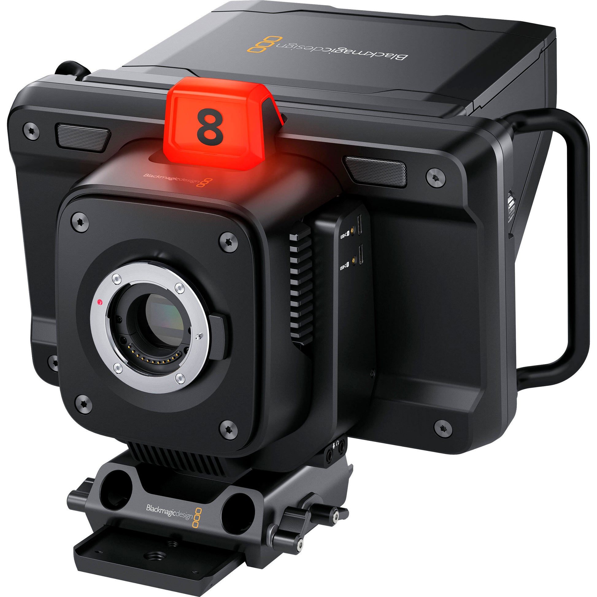 Blackmagic Design Studio Camera 4K Plus G2 with MFT lens mount, 4K UHD 3840x2160 sensor, 25,600 ISO, 12G-SDI and HDMI outputs, 7" LCD viewfinder with sunshade, Blackmagic RAW recording, and built-in DaVinci Resolve colour correction.