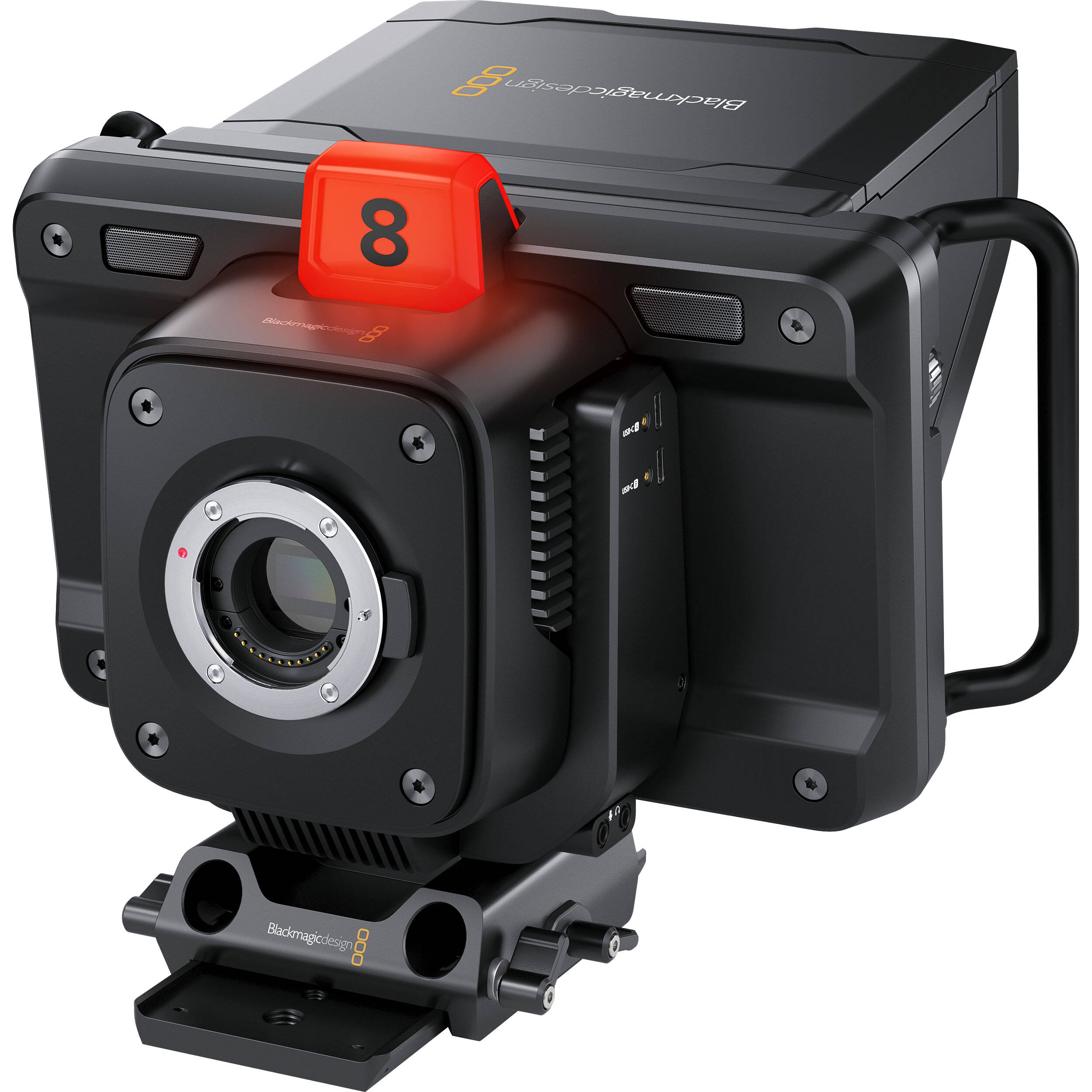 Blackmagic Design Studio Camera 4K Plus G2 with MFT lens mount, 4K UHD 3840x2160 sensor, 25,600 ISO, 12G-SDI and HDMI outputs, 7" LCD viewfinder with sunshade, Blackmagic RAW recording, and built-in DaVinci Resolve colour correction.
