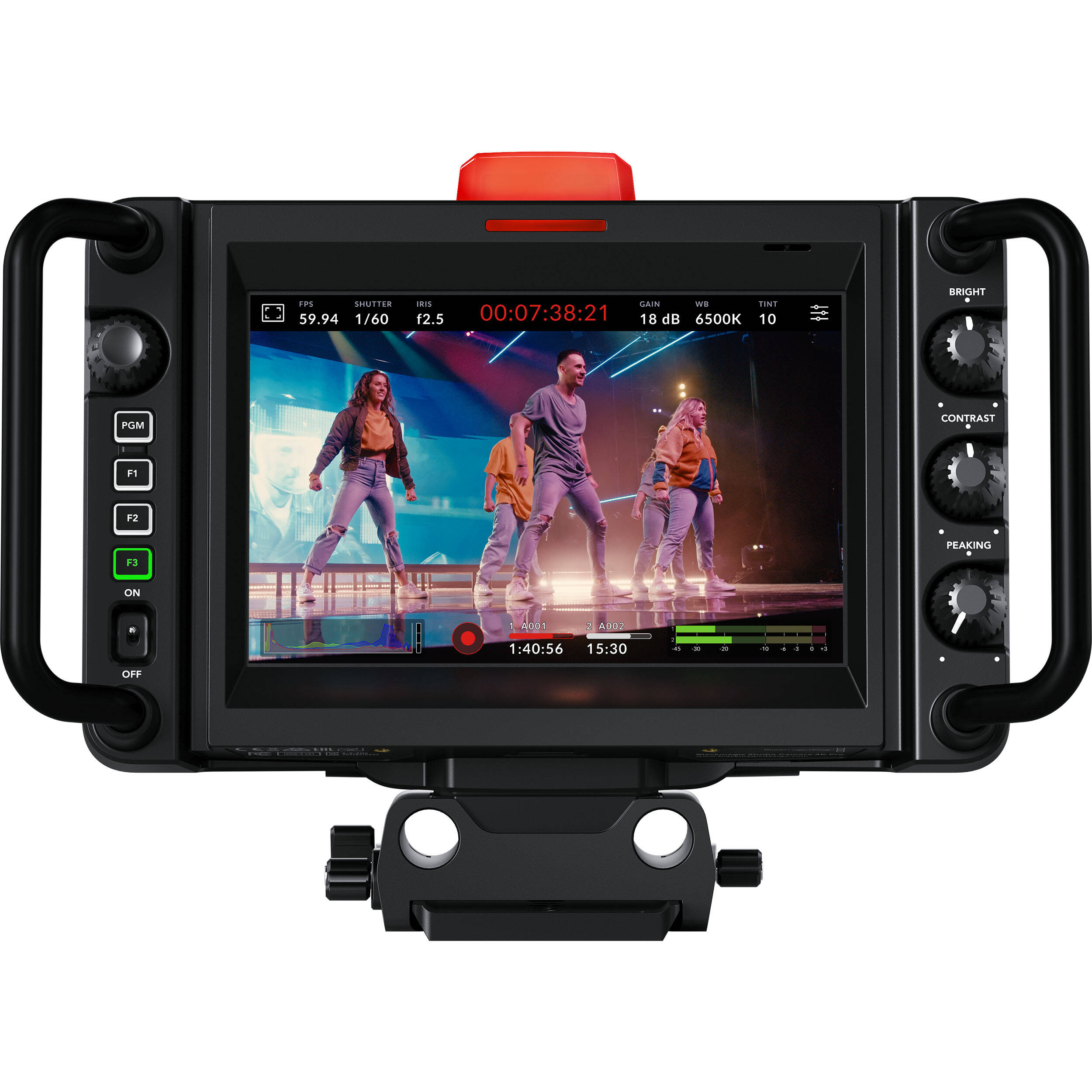 Blackmagic Design Studio Camera 4K Plus G2 with MFT lens mount, 4K UHD 3840x2160 sensor, 25,600 ISO, 12G-SDI and HDMI outputs, 7" LCD viewfinder with sunshade, Blackmagic RAW recording, and built-in DaVinci Resolve colour correction.