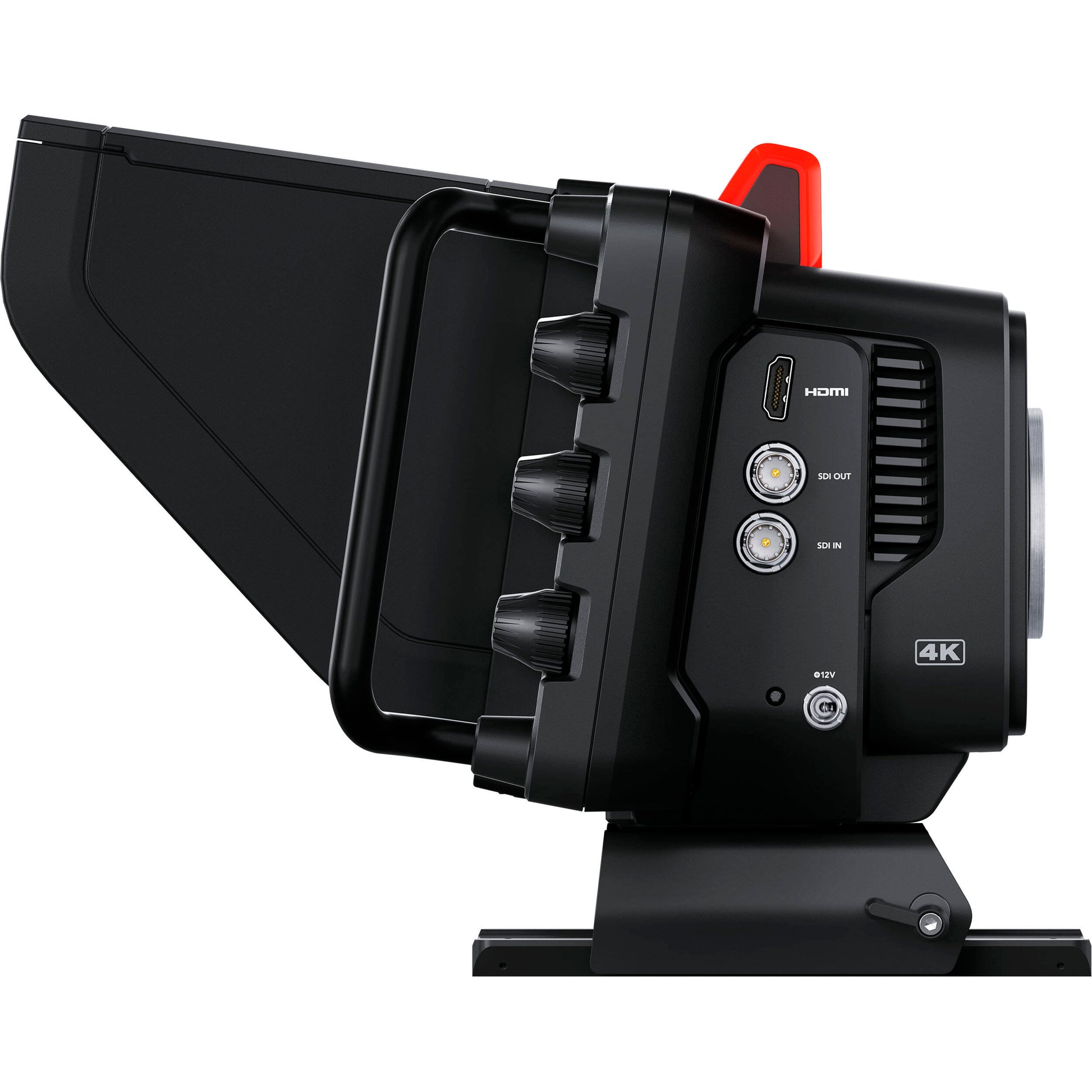 Blackmagic Design Studio Camera 4K Plus G2 with MFT lens mount, 4K UHD 3840x2160 sensor, 25,600 ISO, 12G-SDI and HDMI outputs, 7" LCD viewfinder with sunshade, Blackmagic RAW recording, and built-in DaVinci Resolve colour correction.