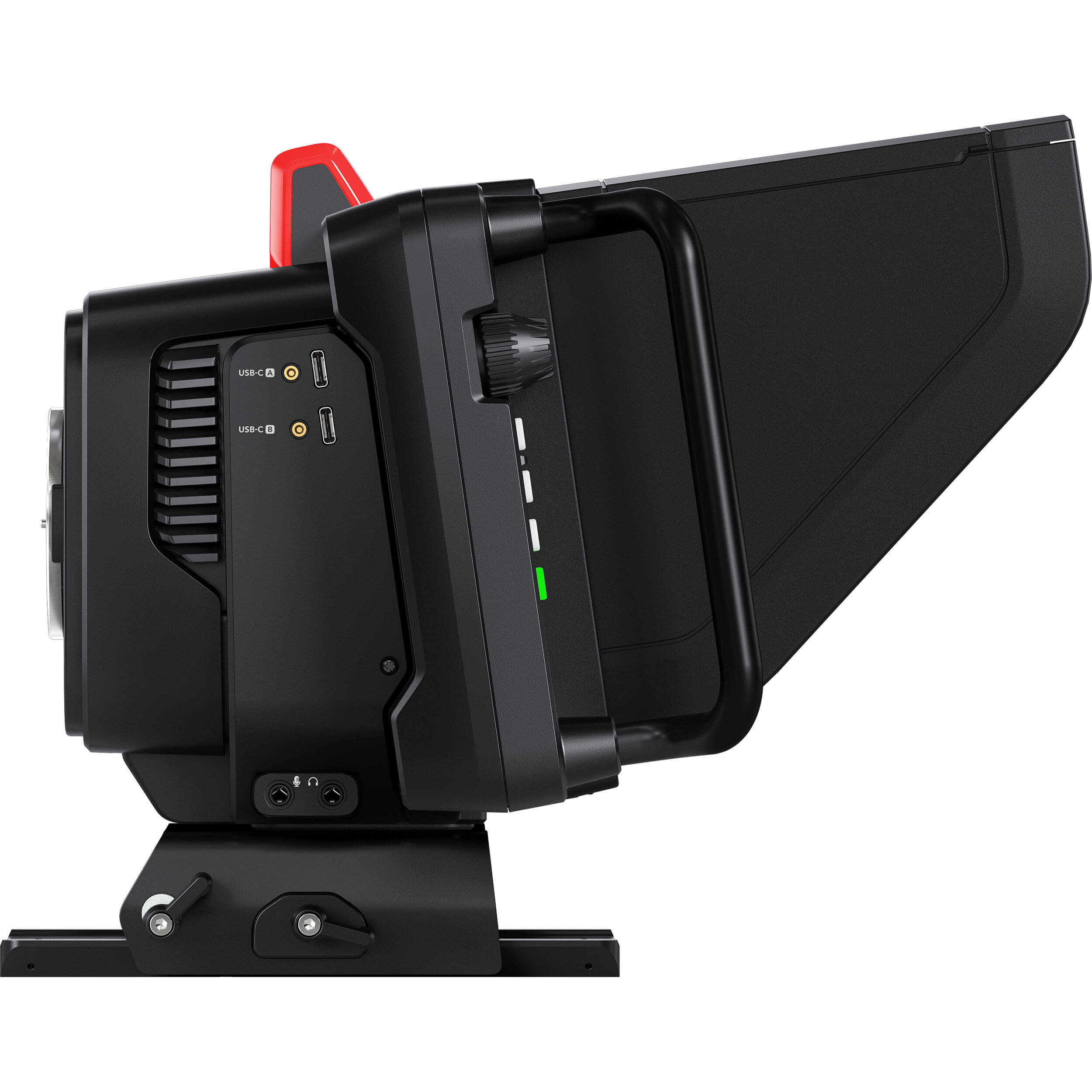 Blackmagic Design Studio Camera 4K Plus G2 with MFT lens mount, 4K UHD 3840x2160 sensor, 25,600 ISO, 12G-SDI and HDMI outputs, 7" LCD viewfinder with sunshade, Blackmagic RAW recording, and built-in DaVinci Resolve colour correction.