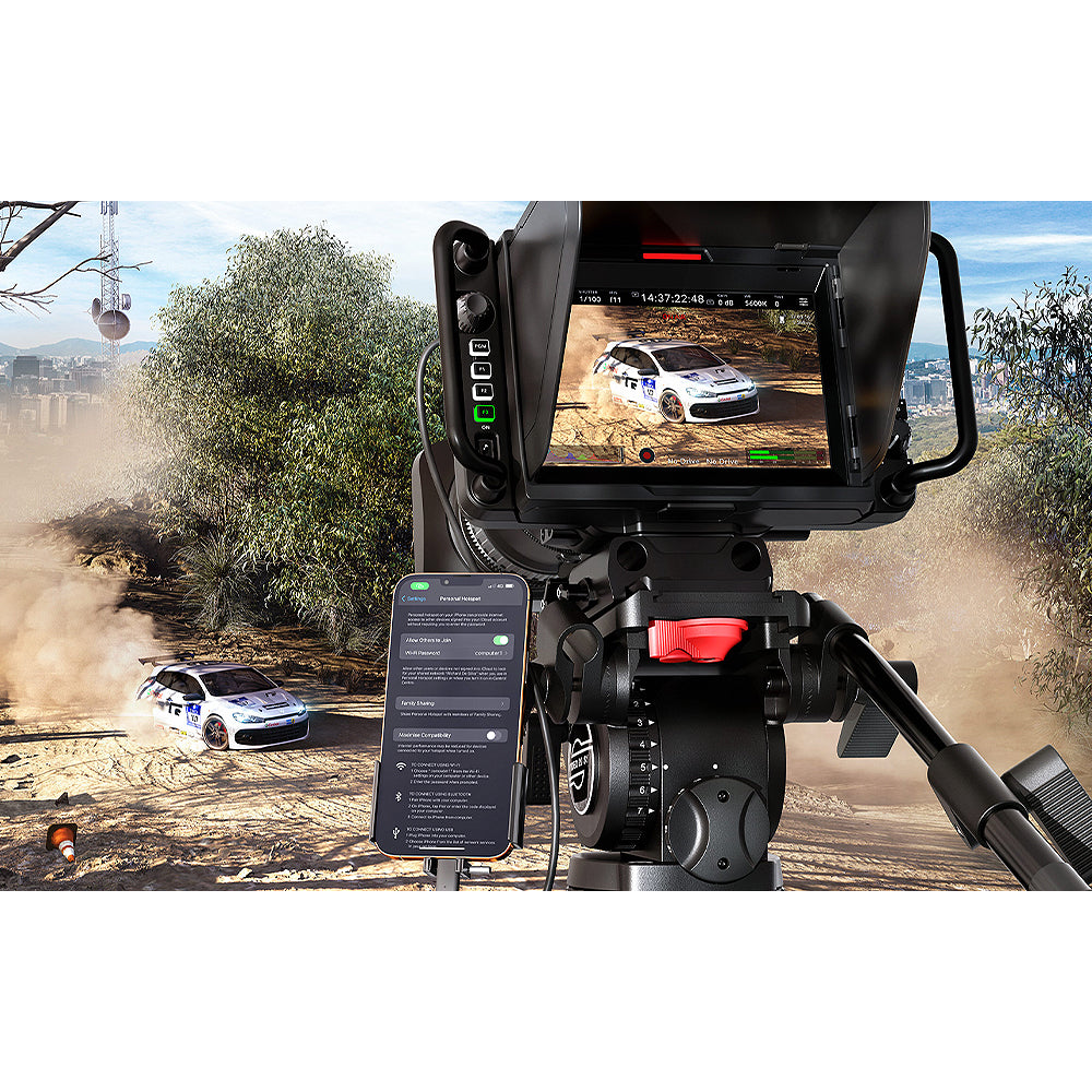 Blackmagic Design Studio Camera 4K Plus G2 with MFT lens mount, 4K UHD 3840x2160 sensor, 25,600 ISO, 12G-SDI and HDMI outputs, 7" LCD viewfinder with sunshade, Blackmagic RAW recording, and built-in DaVinci Resolve colour correction.
