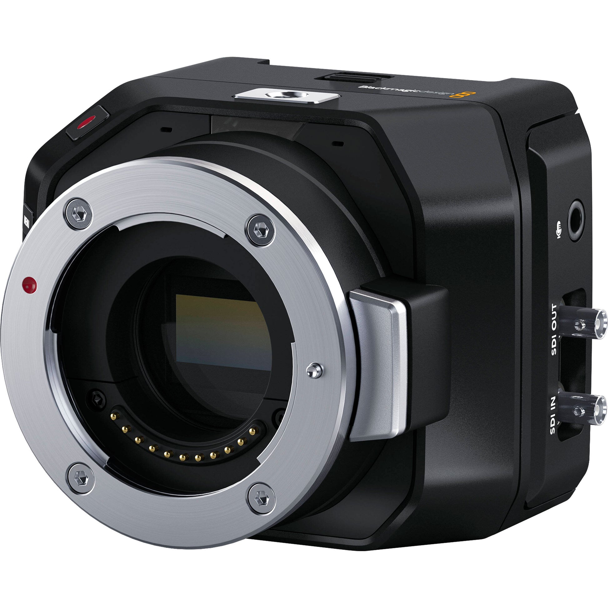 Blackmagic Design Micro Studio Camera 4K G2, a compact Ultra HD broadcast camera with Micro Four Thirds lens mount, 4K 3840x2160p60 sensor with 13 stops dynamic range, 12G-SDI and HDMI output, built-in color corrector, USB-C expansion, Canon LP-E6 battery slot, and remote control via SDI, HDMI, or USB.