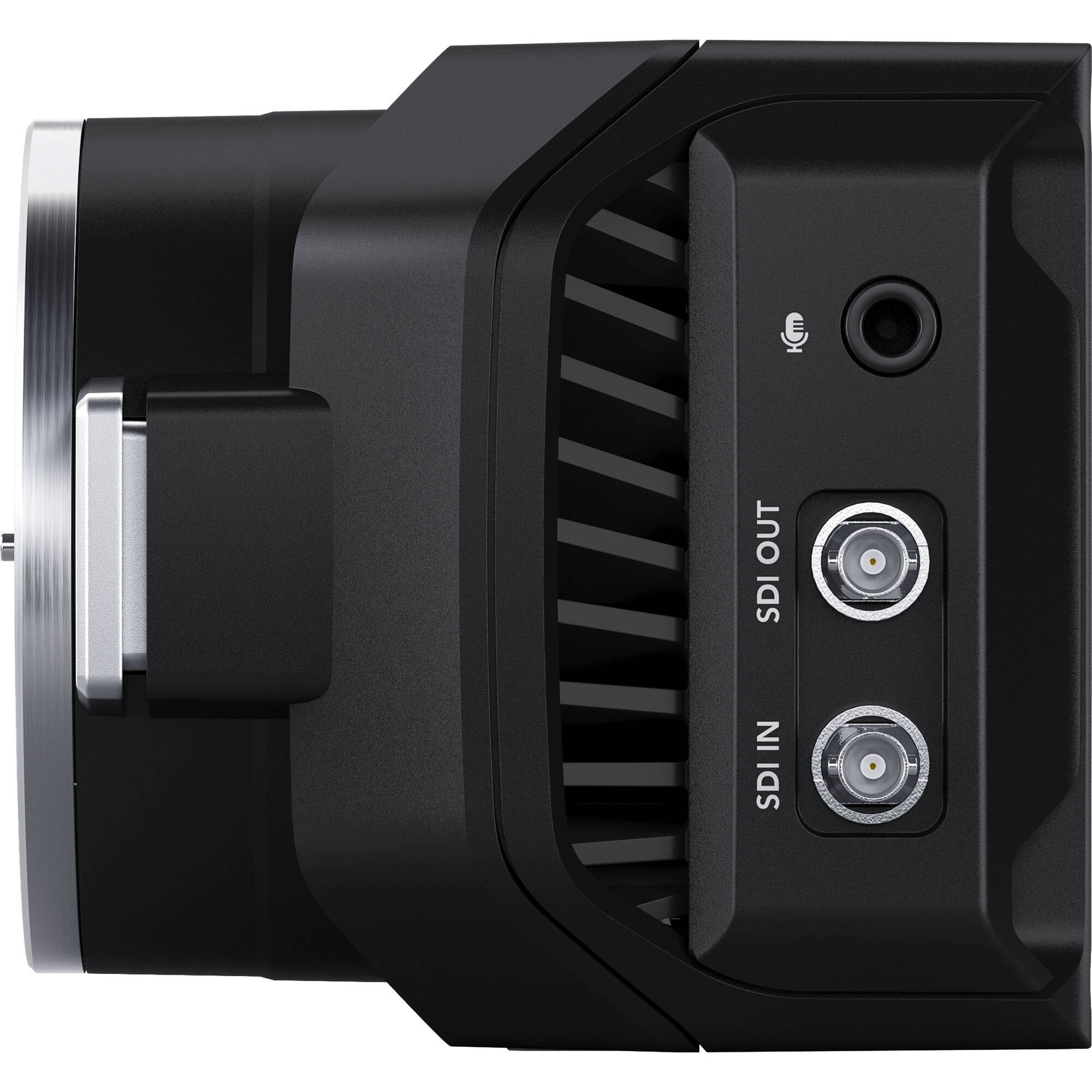 Blackmagic Design Micro Studio Camera 4K G2, a compact Ultra HD broadcast camera with Micro Four Thirds lens mount, 4K 3840x2160p60 sensor with 13 stops dynamic range, 12G-SDI and HDMI output, built-in color corrector, USB-C expansion, Canon LP-E6 battery slot, and remote control via SDI, HDMI, or USB.