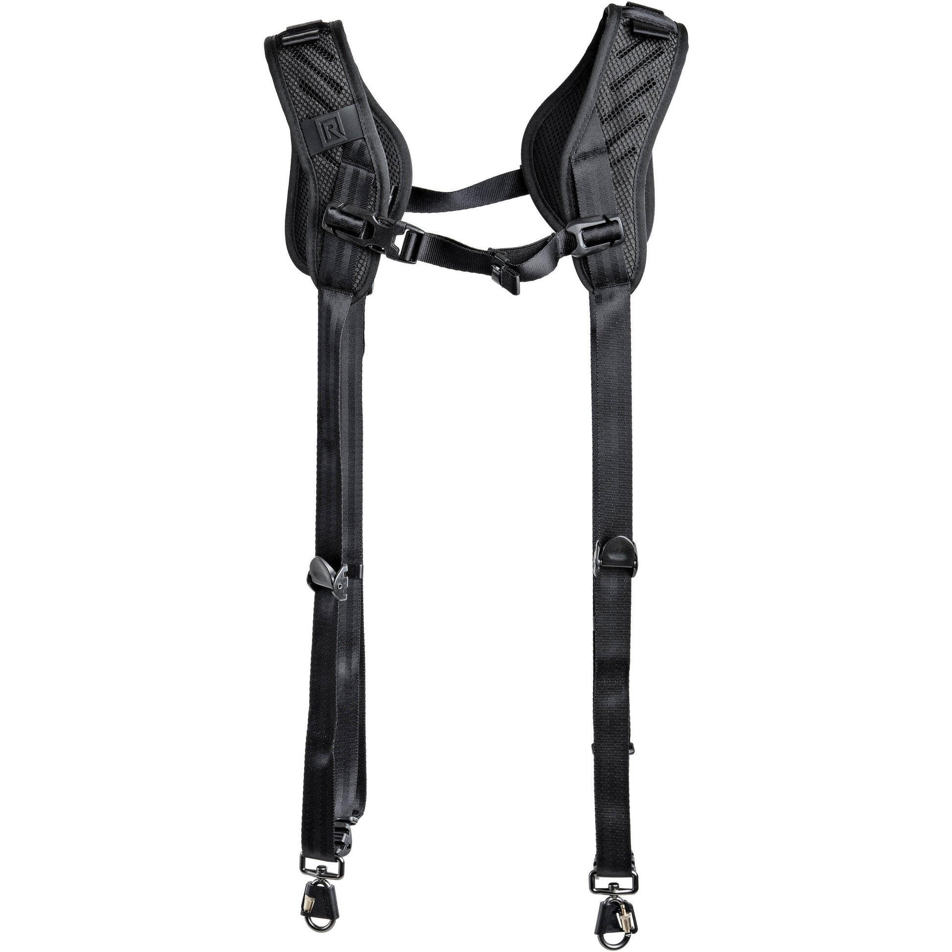 Double camera harness on white background