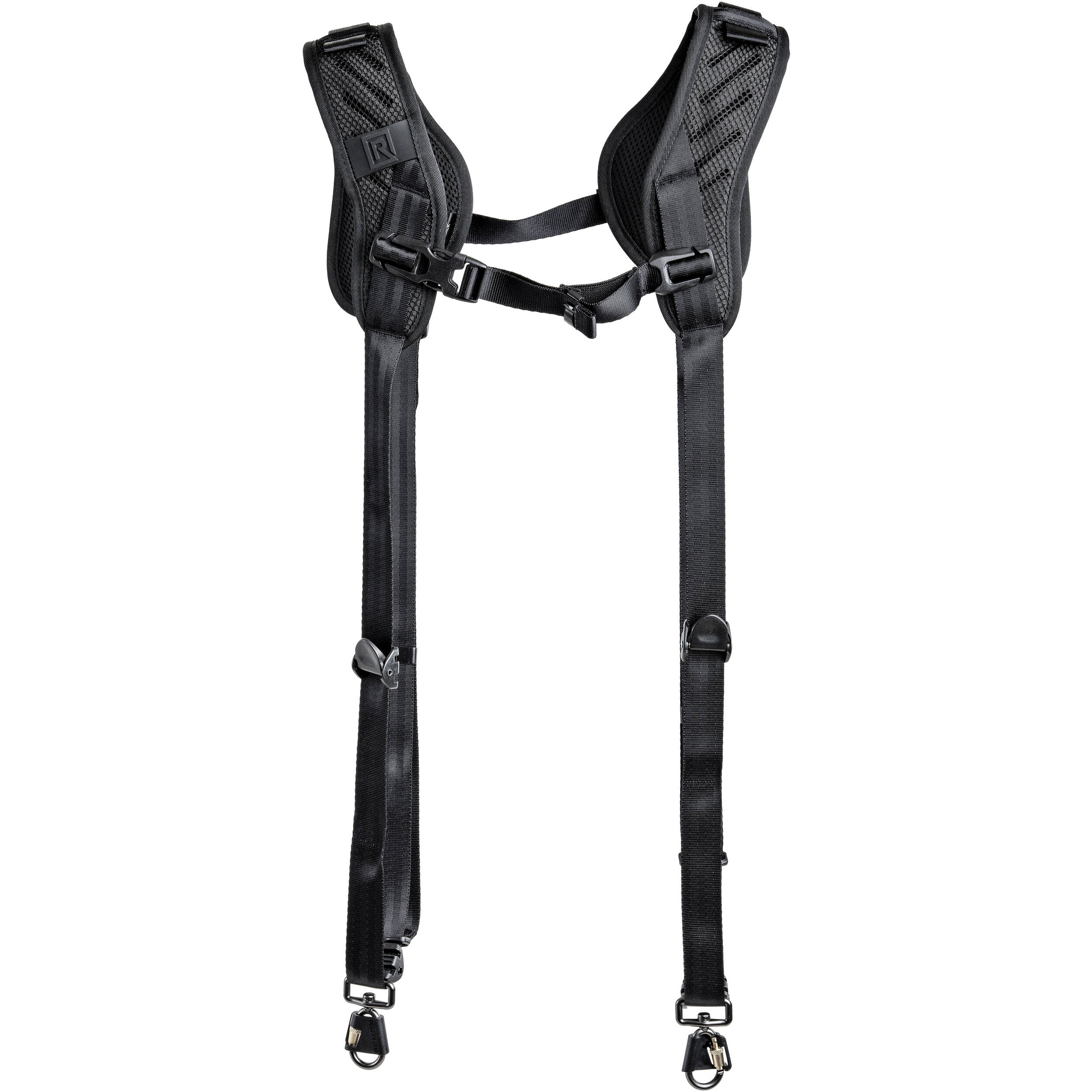 Double camera harness on white background