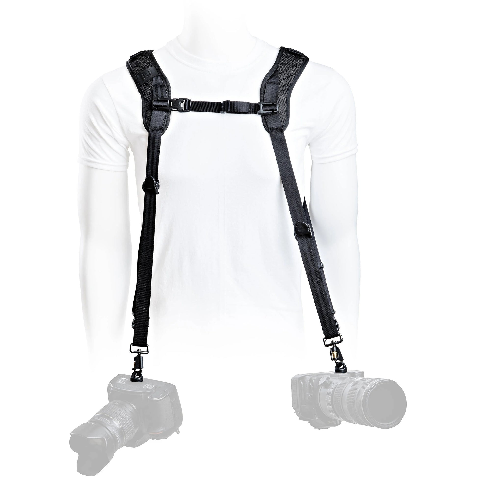Camera shoulder harness with two camera bodies on a white background