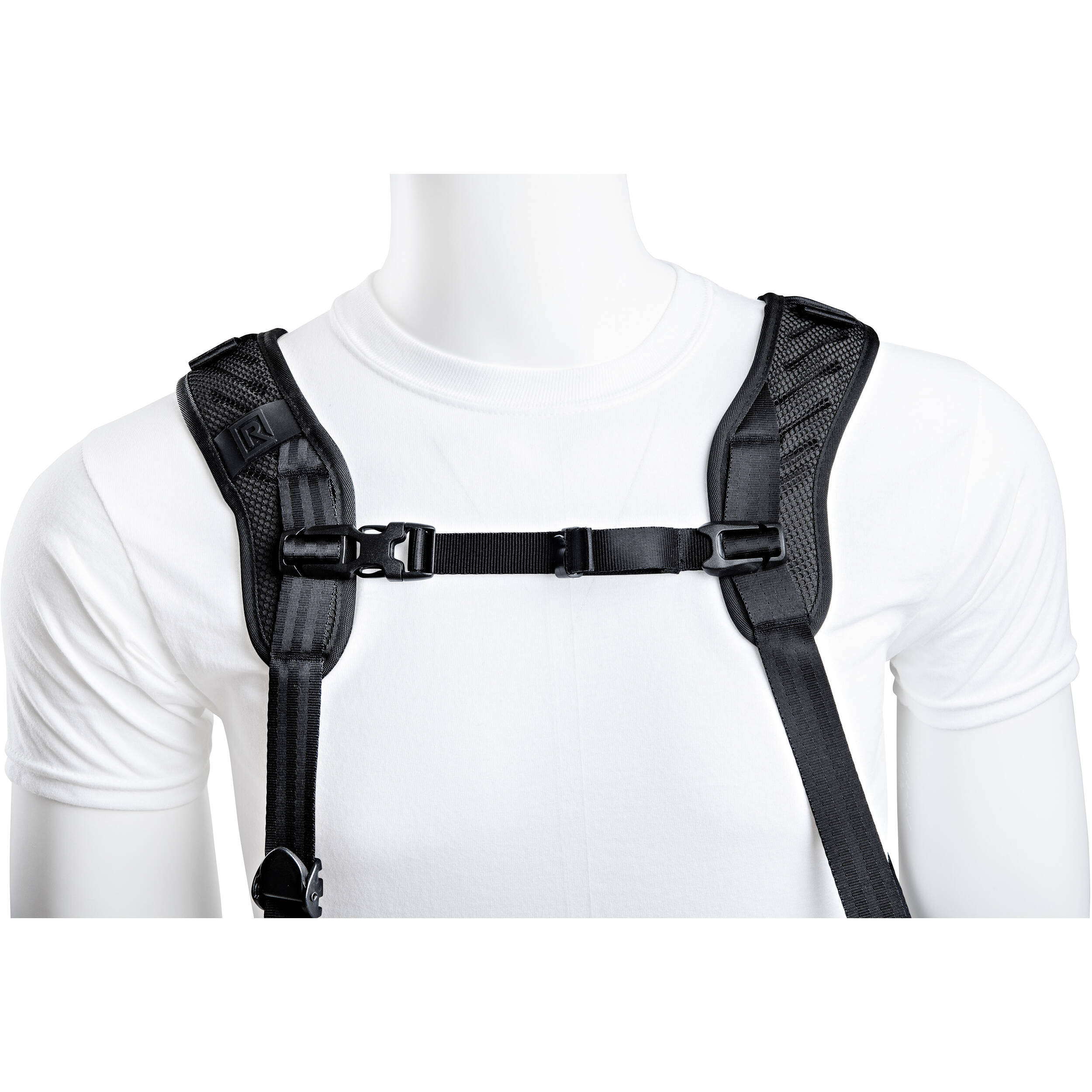 Black shoulder harness on a mannequin with a white background
