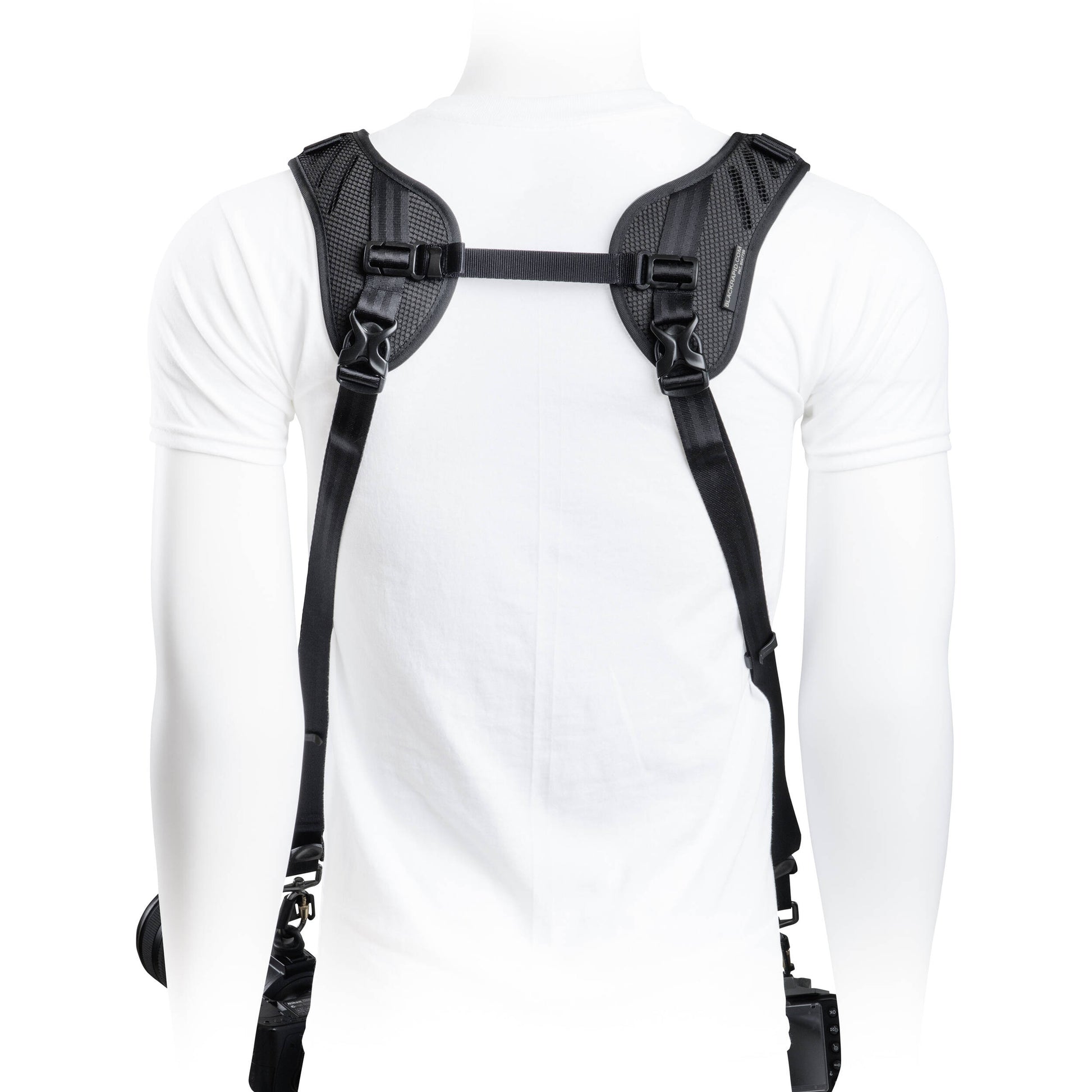 Black shoulder harness on a white background