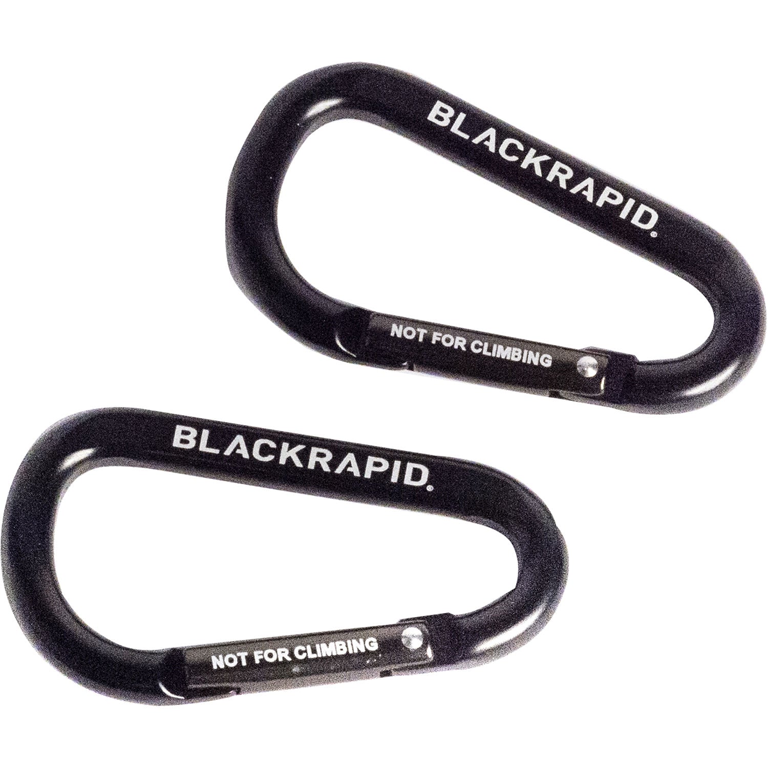 Two black carabiners with 'BLACKRAPID.' branding on a white background