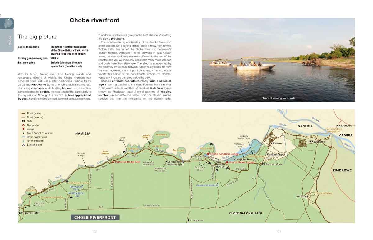 Map of Chobe riverfront with a scenic view of the river and boats.