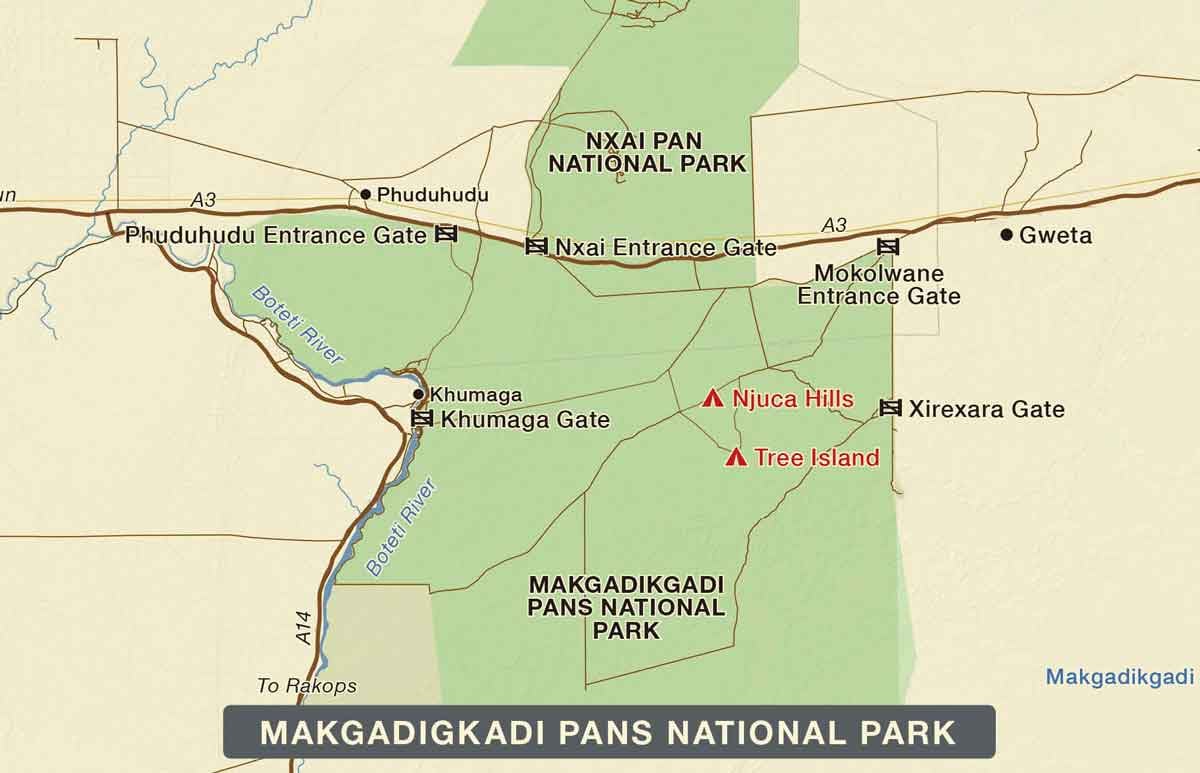 Map of Nxai Pan National Park and Makgadikgadi Pans National Park with key locations marked.