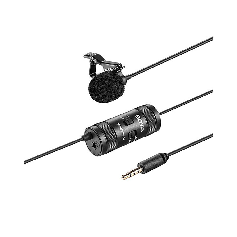 Boya BY-M1PRO II Lavalier Microphone, omnidirectional, compatible with smartphones, DSLRs, and audio recorders, 6m cable, plug-and-play, with camera/smartphone mode switch and 3.5mm headphone monitoring jack.