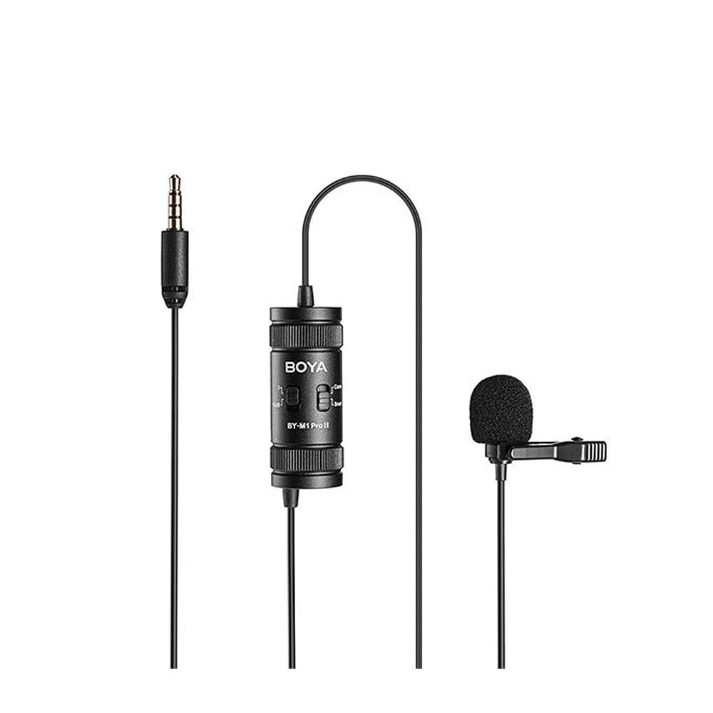 Boya BY-M1PRO II Lavalier Microphone, omnidirectional, compatible with smartphones, DSLRs, and audio recorders, 6m cable, plug-and-play, with camera/smartphone mode switch and 3.5mm headphone monitoring jack.
