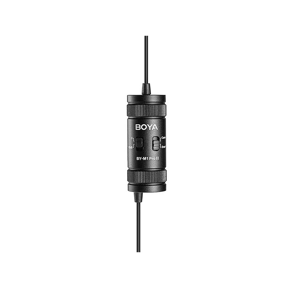 Boya BY-M1PRO II Lavalier Microphone, omnidirectional, compatible with smartphones, DSLRs, and audio recorders, 6m cable, plug-and-play, with camera/smartphone mode switch and 3.5mm headphone monitoring jack.