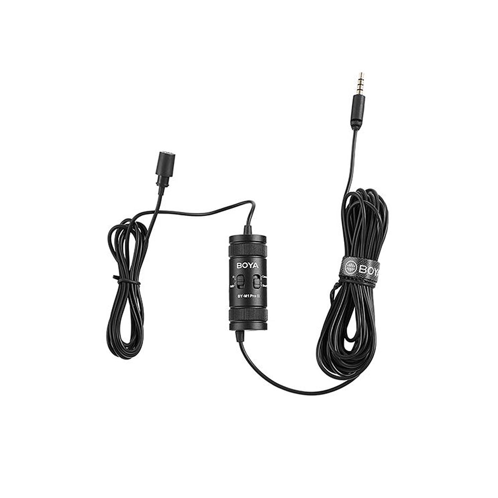 Boya BY-M1PRO II Lavalier Microphone, omnidirectional, compatible with smartphones, DSLRs, and audio recorders, 6m cable, plug-and-play, with camera/smartphone mode switch and 3.5mm headphone monitoring jack.