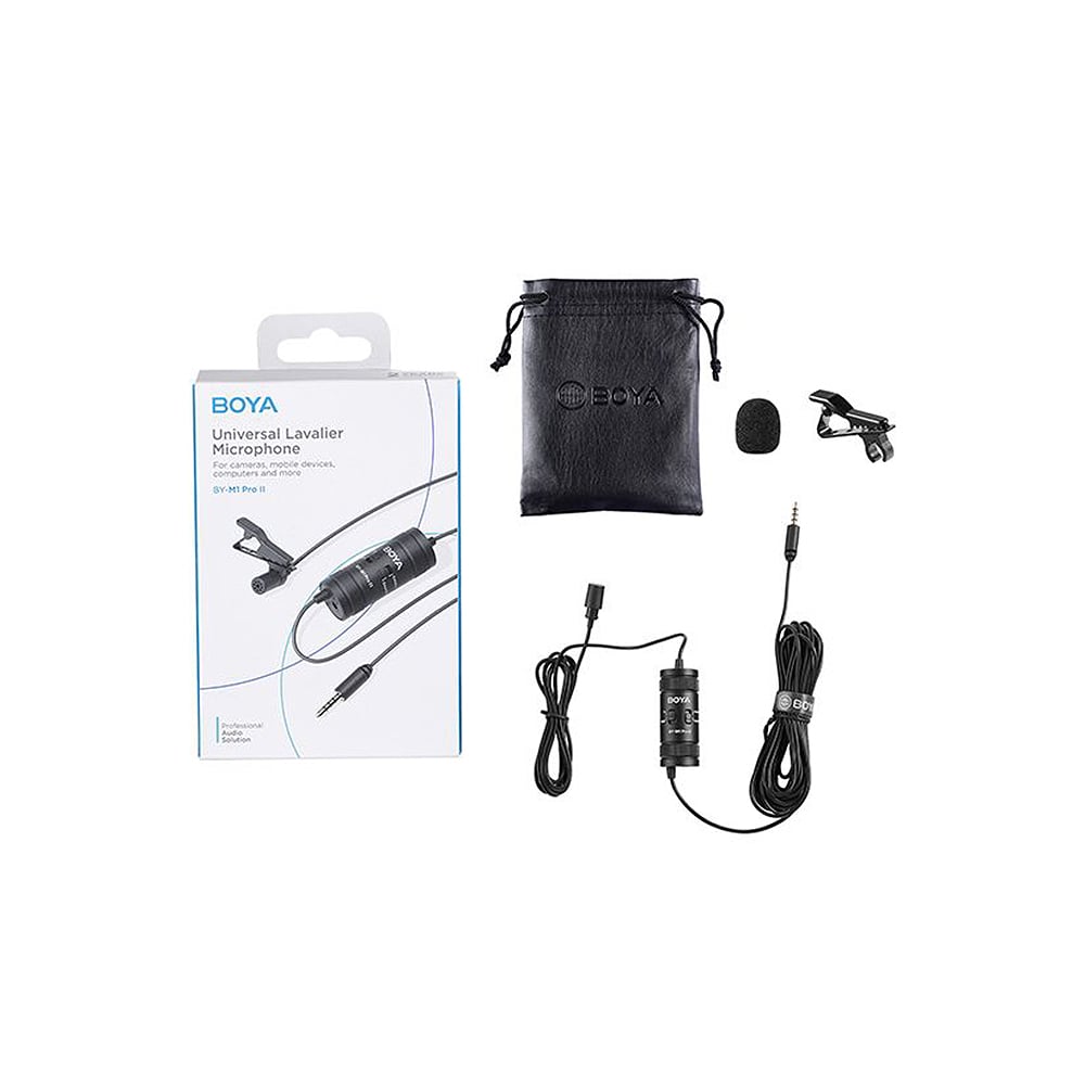 Boya BY-M1PRO II Lavalier Microphone, omnidirectional, compatible with smartphones, DSLRs, and audio recorders, 6m cable, plug-and-play, with camera/smartphone mode switch and 3.5mm headphone monitoring jack.