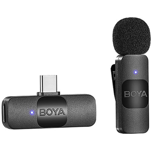Boya BY-V10 Ultra-compact Wireless Mic (USB-C) professional 2.4GHz system with omnidirectional mic, noise cancellation, 50m range, 9-hour transmitter battery, USB-C receiver, and automatic pairing.