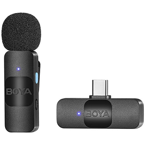 Boya BY-V10 Ultra-compact Wireless Mic (USB-C) professional 2.4GHz system with omnidirectional mic, noise cancellation, 50m range, 9-hour transmitter battery, USB-C receiver, and automatic pairing.