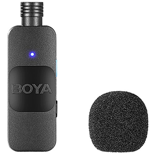 Boya BY-V10 Ultra-compact Wireless Mic (USB-C) professional 2.4GHz system with omnidirectional mic, noise cancellation, 50m range, 9-hour transmitter battery, USB-C receiver, and automatic pairing.