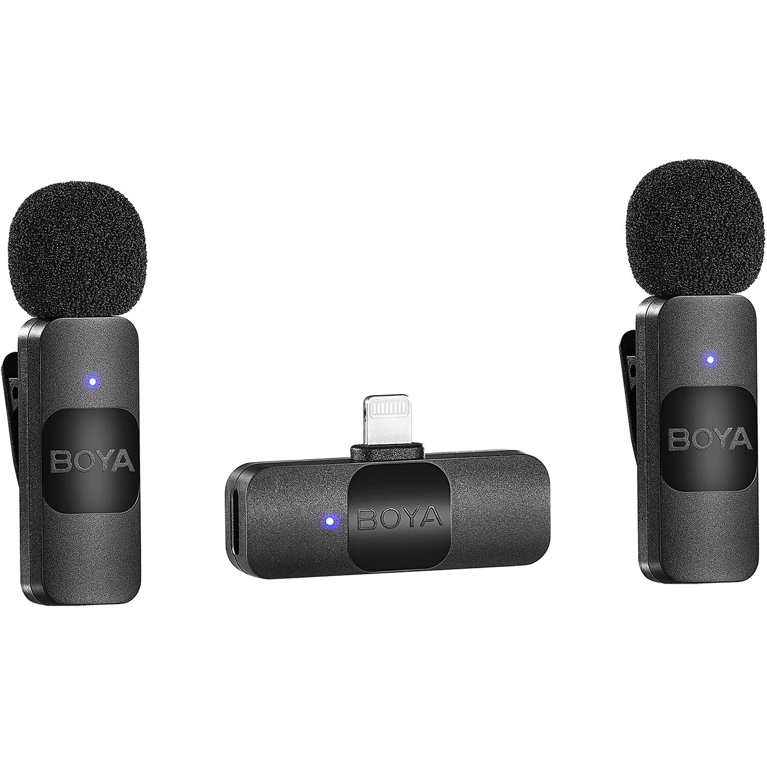 Boya BY-V2 Wireless Microphone - ultra-compact dual-channel mic system with Lightning connector for iPhones, ideal for mobile content creation.