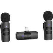Boya BY-V2 Wireless Microphone - ultra-compact dual-channel mic system with Lightning connector for iPhones, ideal for mobile content creation.