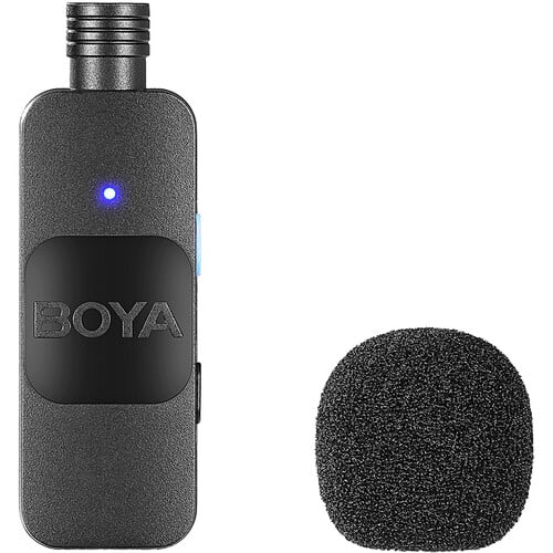 Boya BY-V2 Wireless Microphone - ultra-compact dual-channel mic system with Lightning connector for iPhones, ideal for mobile content creation.