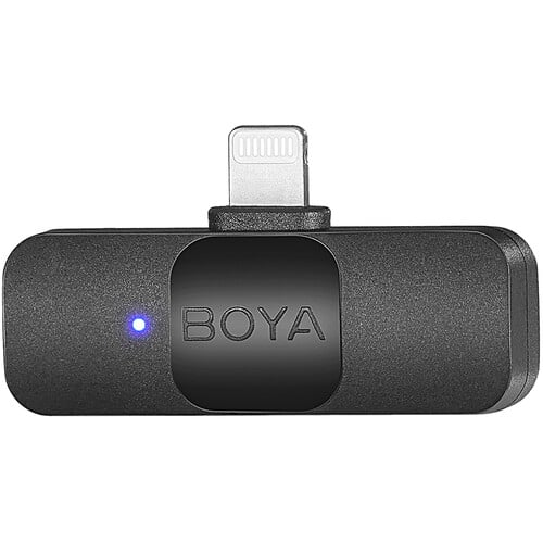 Boya BY-V2 Wireless Microphone - ultra-compact dual-channel mic system with Lightning connector for iPhones, ideal for mobile content creation.