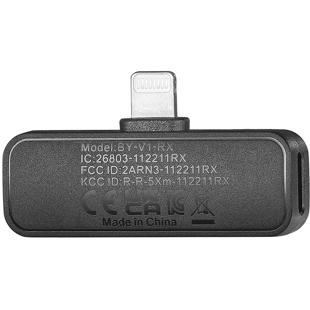 Boya BY-V2 Wireless Microphone - ultra-compact dual-channel mic system with Lightning connector for iPhones, ideal for mobile content creation.