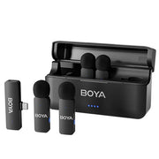 Boya BY-V4U Four-channel Wireless Microphone System (USB-C) with 4 transmitters, 200m range, plug-and-play USB-C receiver, dual noise cancellation, 6-hour battery life, and omnidirectional mics for clear audio recording.