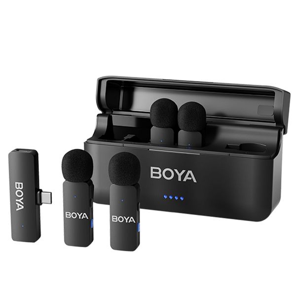 Boya BY-V4U Four-channel Wireless Microphone System (USB-C) with 4 transmitters, 200m range, plug-and-play USB-C receiver, dual noise cancellation, 6-hour battery life, and omnidirectional mics for clear audio recording.