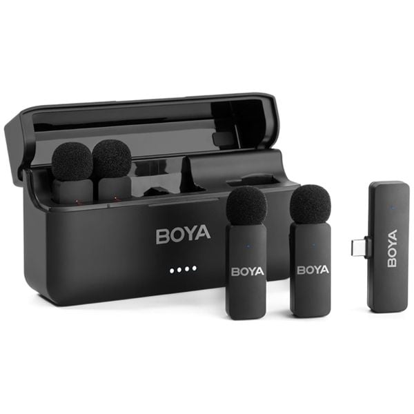 Boya BY-V4U Four-channel Wireless Microphone System (USB-C) with 4 transmitters, 200m range, plug-and-play USB-C receiver, dual noise cancellation, 6-hour battery life, and omnidirectional mics for clear audio recording.
