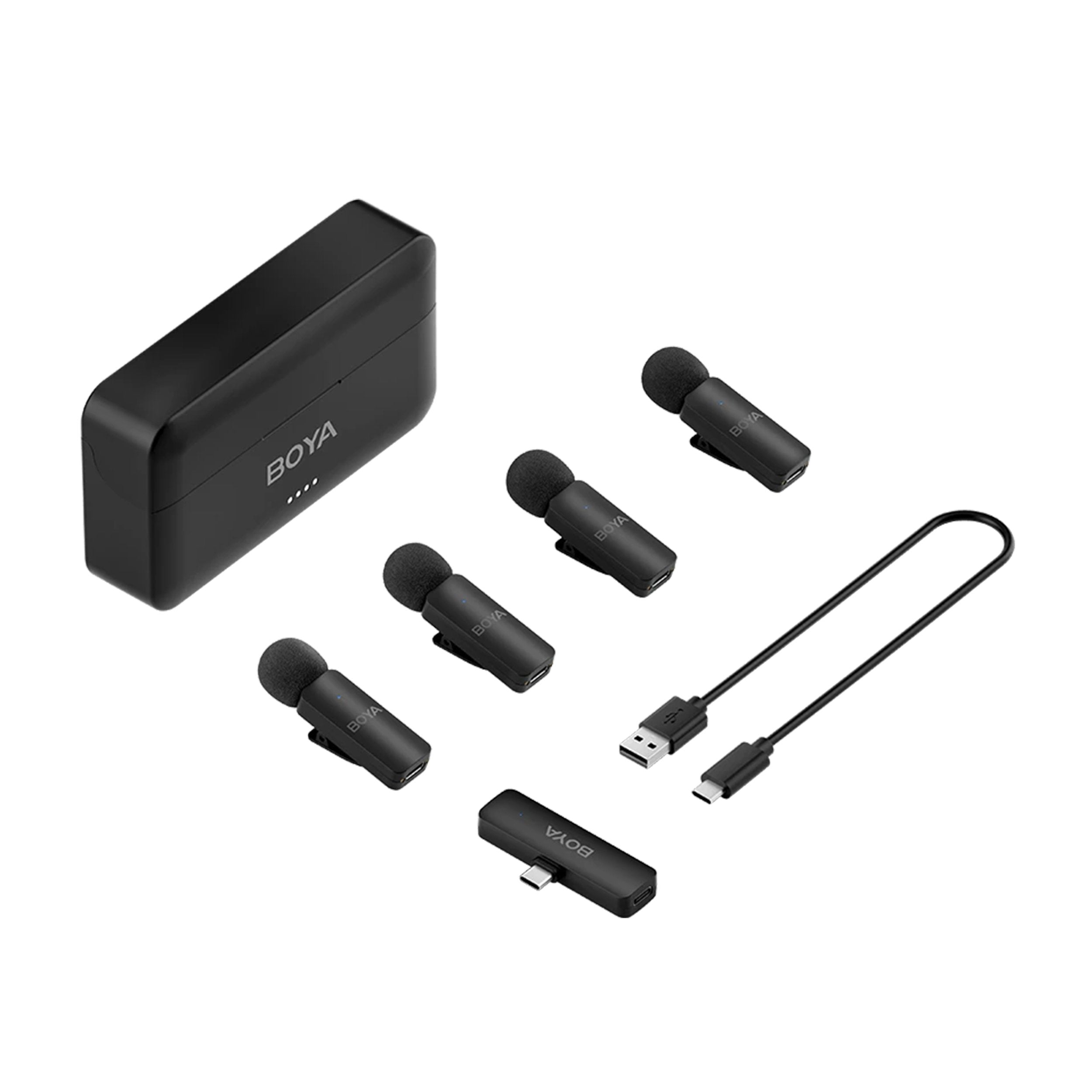 Boya BY-V4U Four-channel Wireless Microphone System (USB-C) with 4 transmitters, 200m range, plug-and-play USB-C receiver, dual noise cancellation, 6-hour battery life, and omnidirectional mics for clear audio recording.