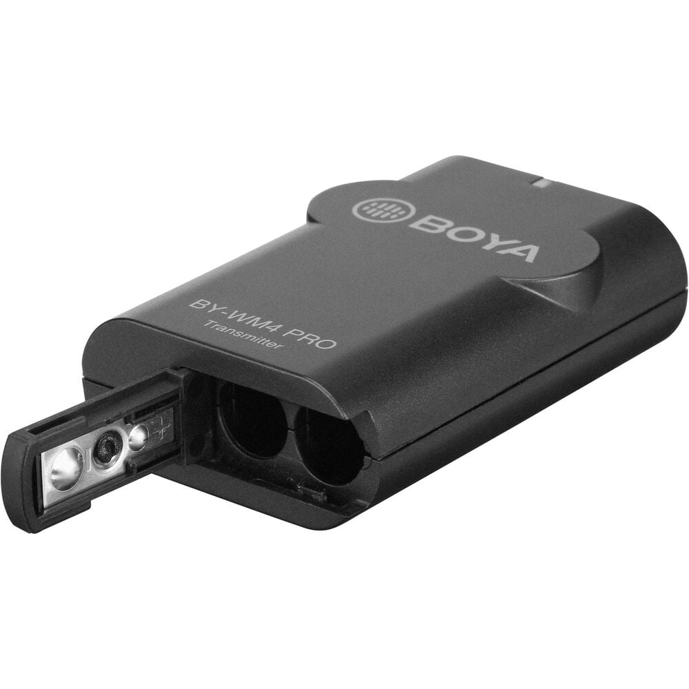 Black BOYA BY-WM4 Pro wireless microphone transmitter on a white background